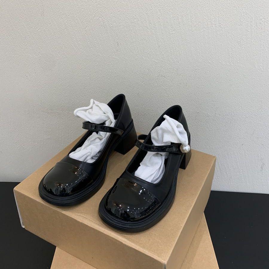 Light Mouth Single Shoes Color Matching Word with Mary Jane Shoes Small Leather Shoes Spring 2025 Thick Heel Medium Heel Thick Sole Doudou Shoes