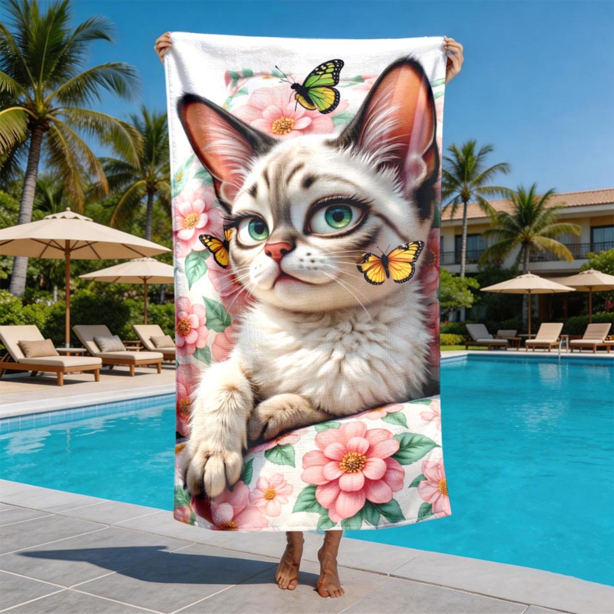 

Spring Garden Cat Theme polyester microfiber beach towel is highly absorbent, suitable for swimming and beach outings W40*H60(CM)