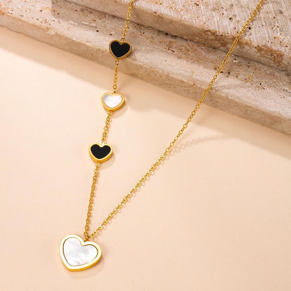 European Stainless Steel Heart Mother-of-Pearl Pendant Necklace with Versatile Tassel Clavicle Chain