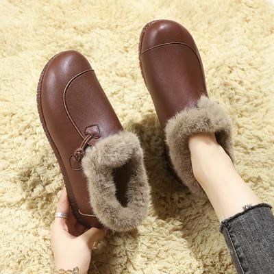 Fashion Women New Autumn and Winter Soft Leather and Velvet Warm Small Leather Shoes Simple Shallow Slip On Beanie Cotton Shoes