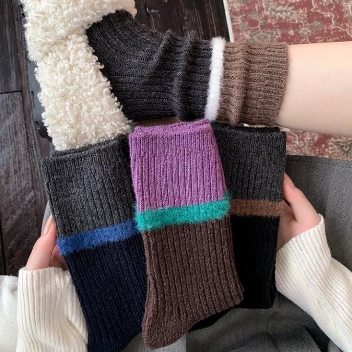 Female Autumn and Winter Thickened Warm Color Stripes In The Tube Stack Socks