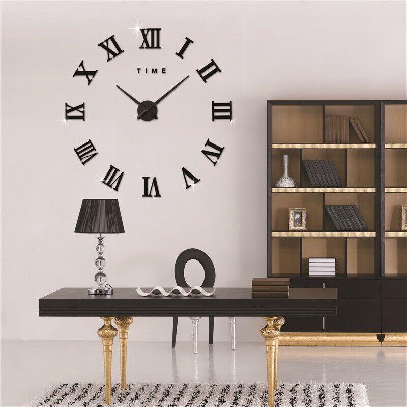 Extra 3d Diy Large Roman Numerals Luxury Mirror Wall Sticker Clock Home Decor