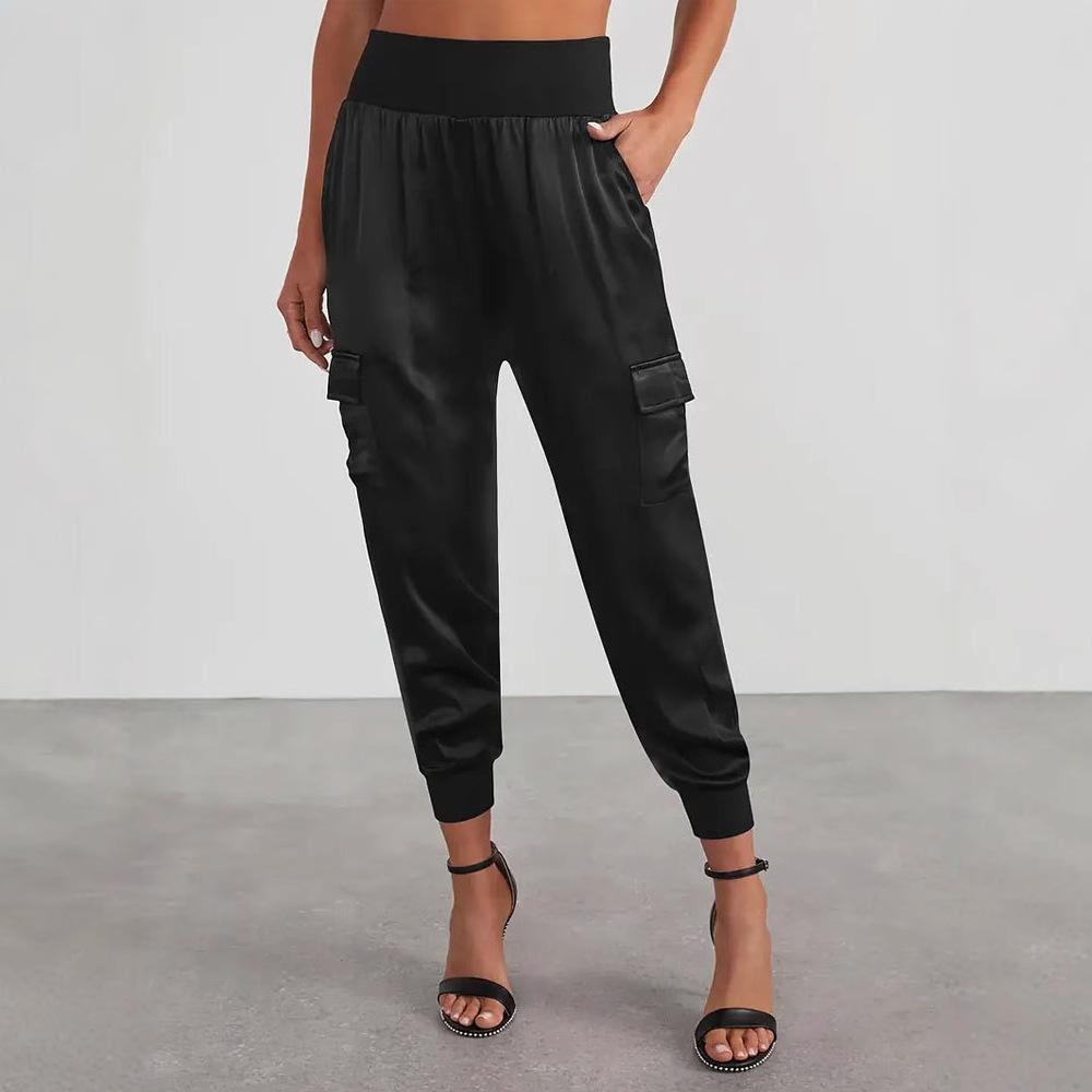 European and American fashion trend work pants for women, spring and summer street fashionistas, woven pocket loose high-waisted jogger pants us/eu size s
