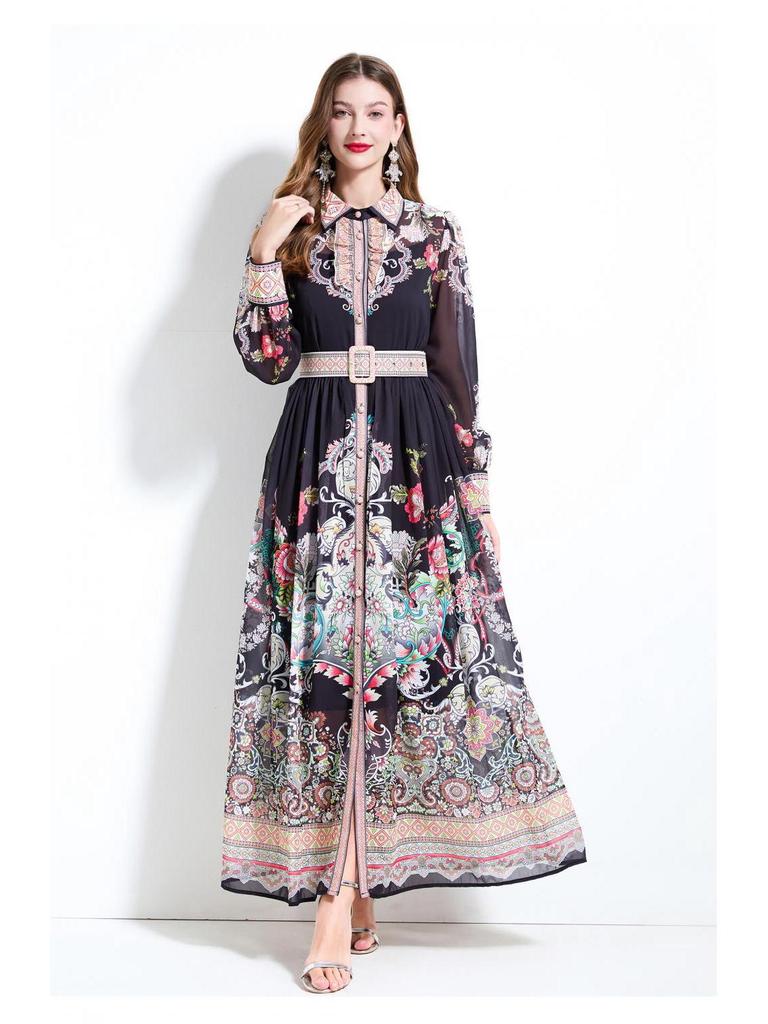 Original Design SS '25 Chiffon Blouse & Waist-Gathering Ruffle Long Dress Set with Collar Print, Long Sleeves.