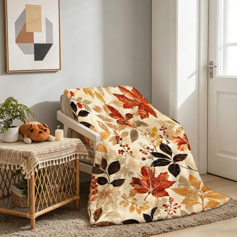 Gemütliche Weiche Plüschdecke Geeignet für - Wärme - Ahorn-Eichenblätter & Beeren-Tagesdecke, Zeitgenössische Tagesdecke mit Herbstmotiv, Geeignet für Wohnzimmer, 125X150CM