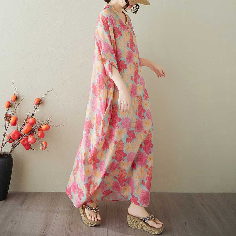 V-neck Retro Long Skirt Cotton Linen Dress for Women