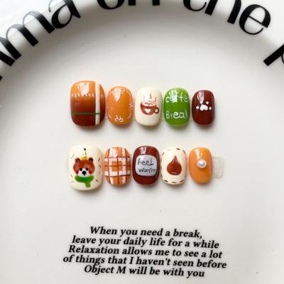 Hand-Painted Press-On Nails Short Square Cat Eye Design Cute Kawaii Style Wearable Nail Tips Women