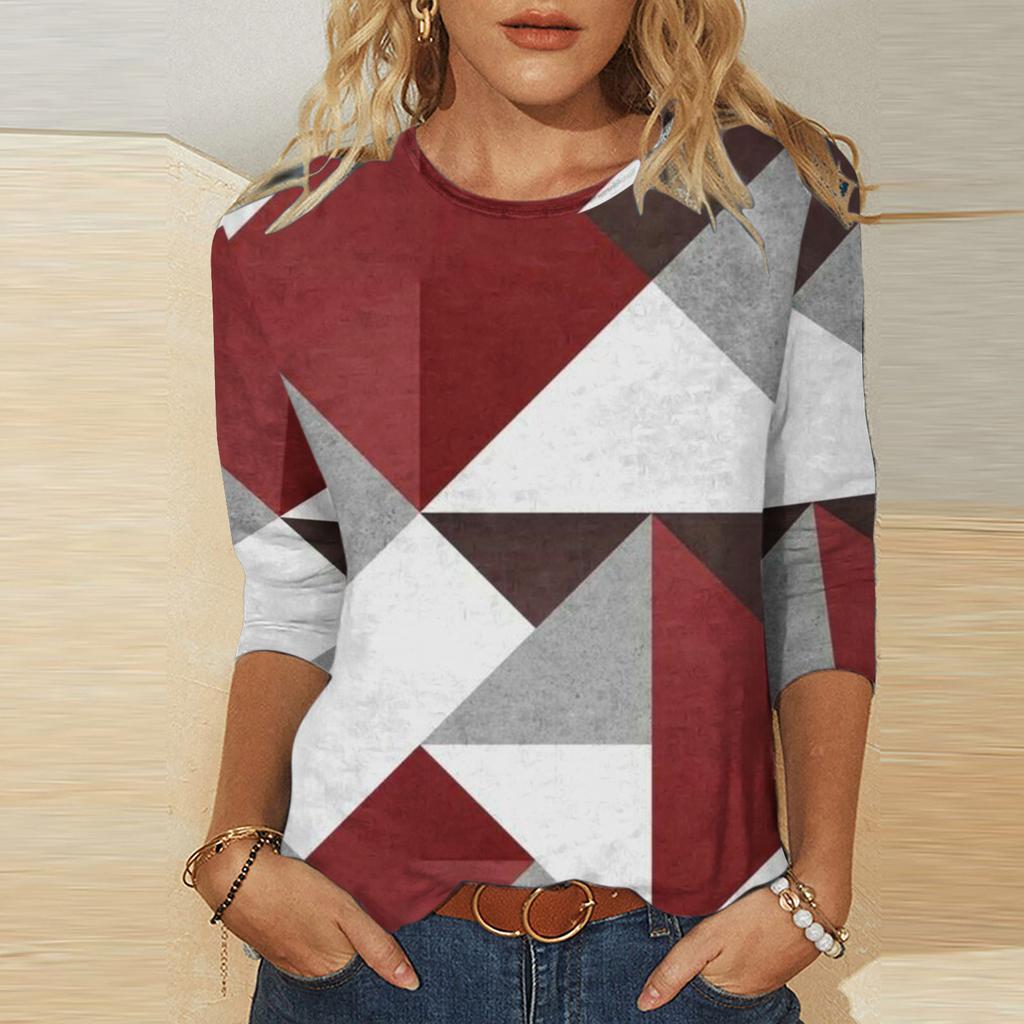 Umělecký geometrický vzor potištěný top Módní kontrastní barva Personalizovaný kulatý výstřih Dámská trička s dlouhým rukávem