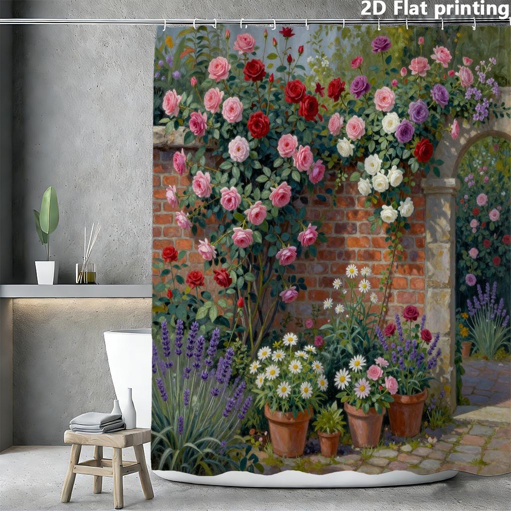 Happy Adults Toys Lavender Garden Rose Shower Curtain 1Pc Polyester 2D Flat Print 70.8X70.8 Roses Daisies On Brick Arch Background