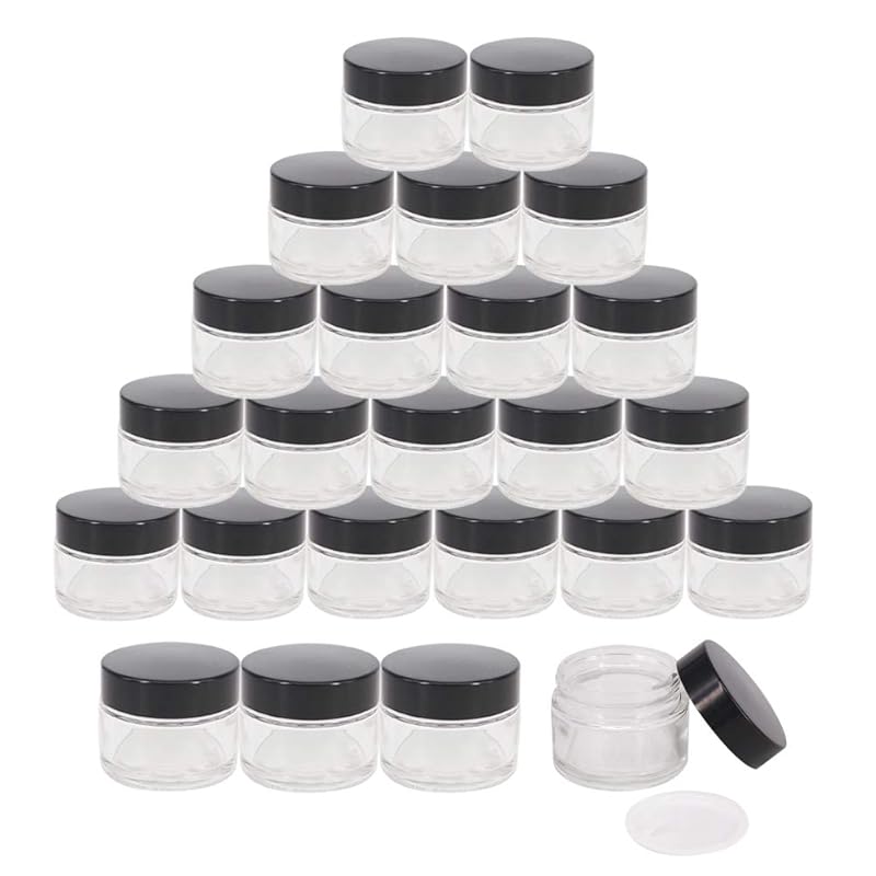 24 Pack 1 Oz Round Clear Glass Cosmetic Jars with Inner Liners and Black Lids, Travel Glass Jars, Cosmetic Containers for Lip Balms, Powders, Makeup,