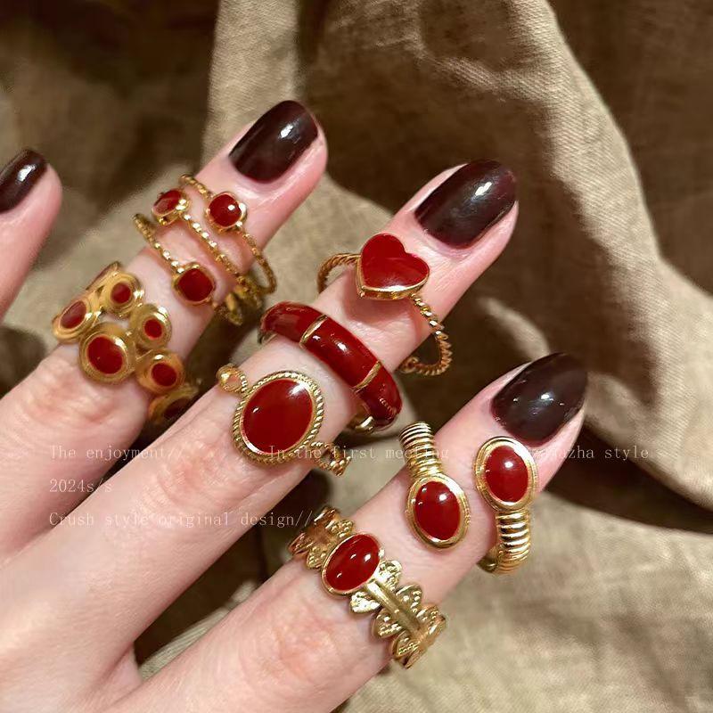 Ankola Red Love Drip Glaze Ring, Women'S Light Luxury Retro Index Finger Ring, High-End Feeling Stacked Ring