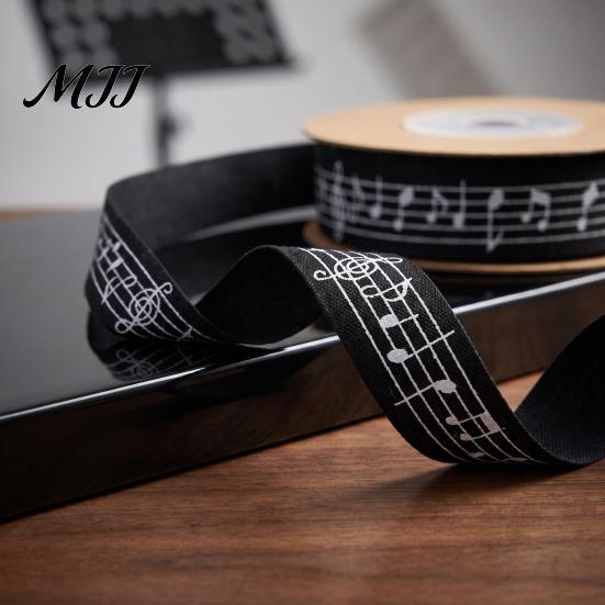 Cotton Ribbon for Gift Wrapping Black and White Musical Notes Ribbon, 5/8" x 11 Yards Music Skin Friendly Trim Note Printed DIY Crafts Party