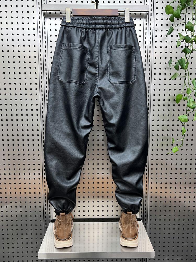 Men's Plush Thickened Leather Motorcycle Pants - Windproof, Warm, Casual Leggings for Autumn and Winter