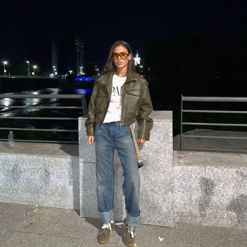 Za Autumn and Winter New Arrivals Women's Clothing Zr European and American Style Fashionable High-Neck Faux Leather Bomber Jacket 6318250