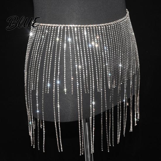Shimmering Rhinestone Hip Belt Tassel Waist Chain for Women Sparkly Sexy Belly Dance Body Skirt-Style Skirt Festival Outfits Accessory Elastic Stage