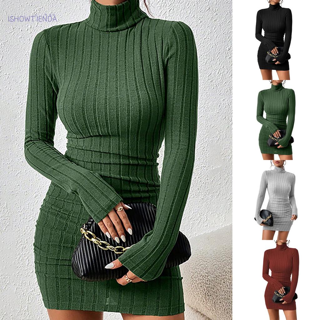 Pletené spodní šaty Dámské Elegantní Párty Podzim Zima Rolák Dlouhý rukáv Sexy Pouzdrové Minišaty Bodycon Klubové šaty
