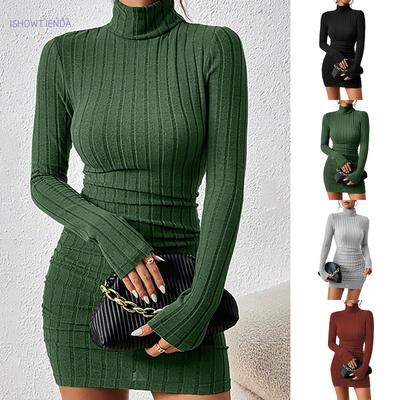 Vestido de Malha para Usar por Baixo Feminino Elegante Festa Outono Inverno Gola Alta Manga Longa Sexy Tubinho Mini Vestidos Bodycon Vestido de Club