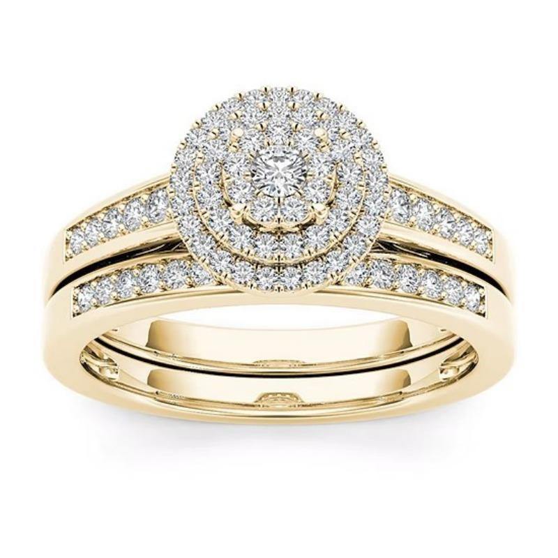 Exquisite Gold Color Round Geometry Ring for Women Luxury Metal Inlaid White Stones Ring Set Jewelry