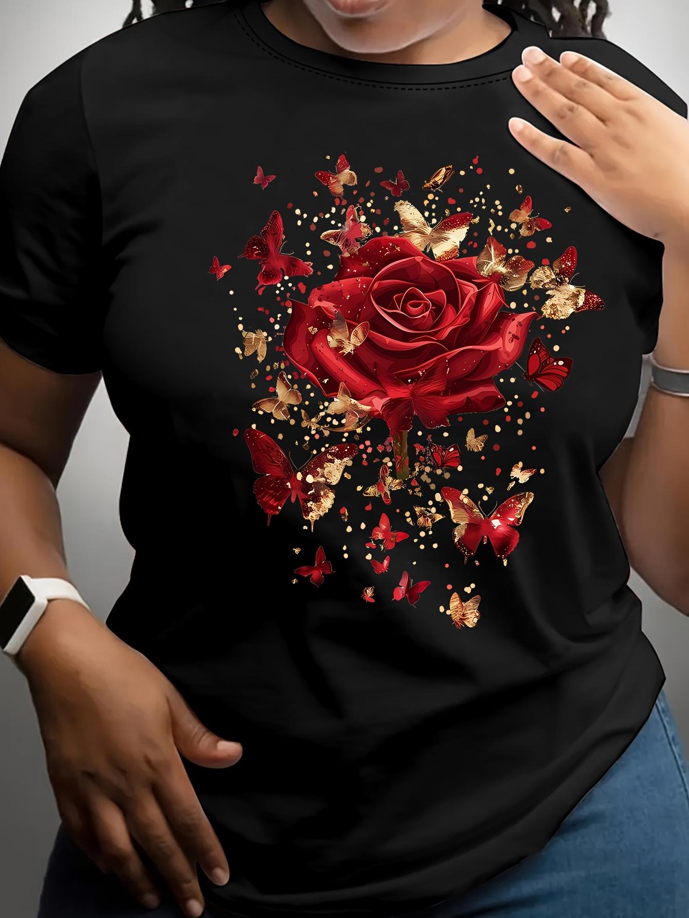 Red Rose Butterfly Glitter Black T-shirt XXL