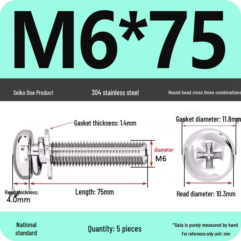 304 Stainless Steel Round Head Phillips Screw with Flat Washer (Sizes M3, M4, M5, M6)