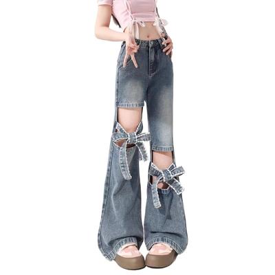 High-Street Y2K Jeans for Women - Bowknot Distressed Micro Flare Pants, Vintage Hollow Out Bell-Bottom Trousers