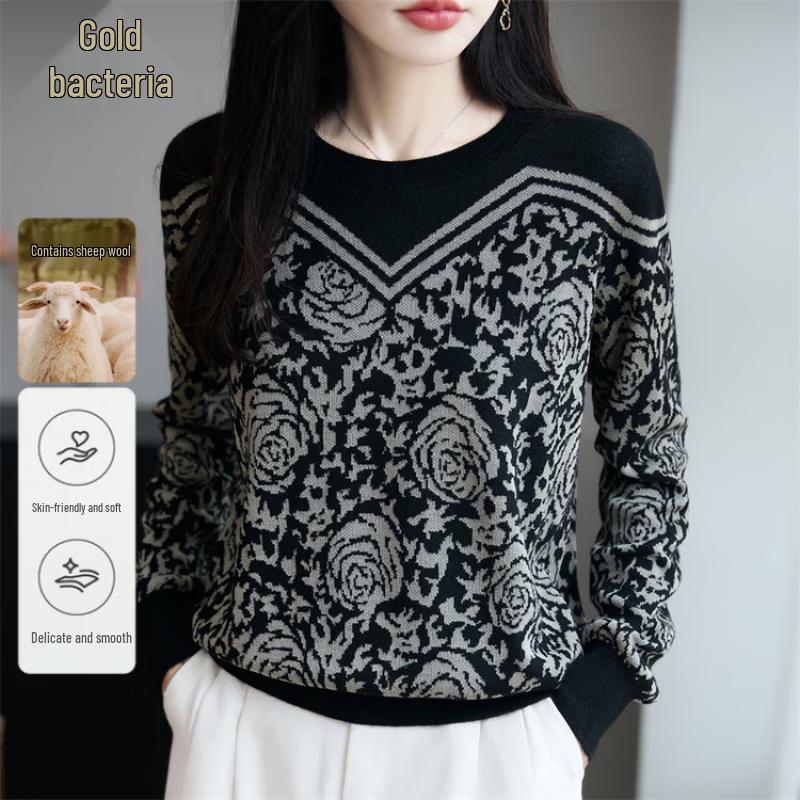 Women's Wool-Blend Jacquard Crew Neck Loose Knit Sweater