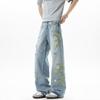 New men's jeans American high street trendy brand embroidered ripped trousers narrow straight mopping trousers