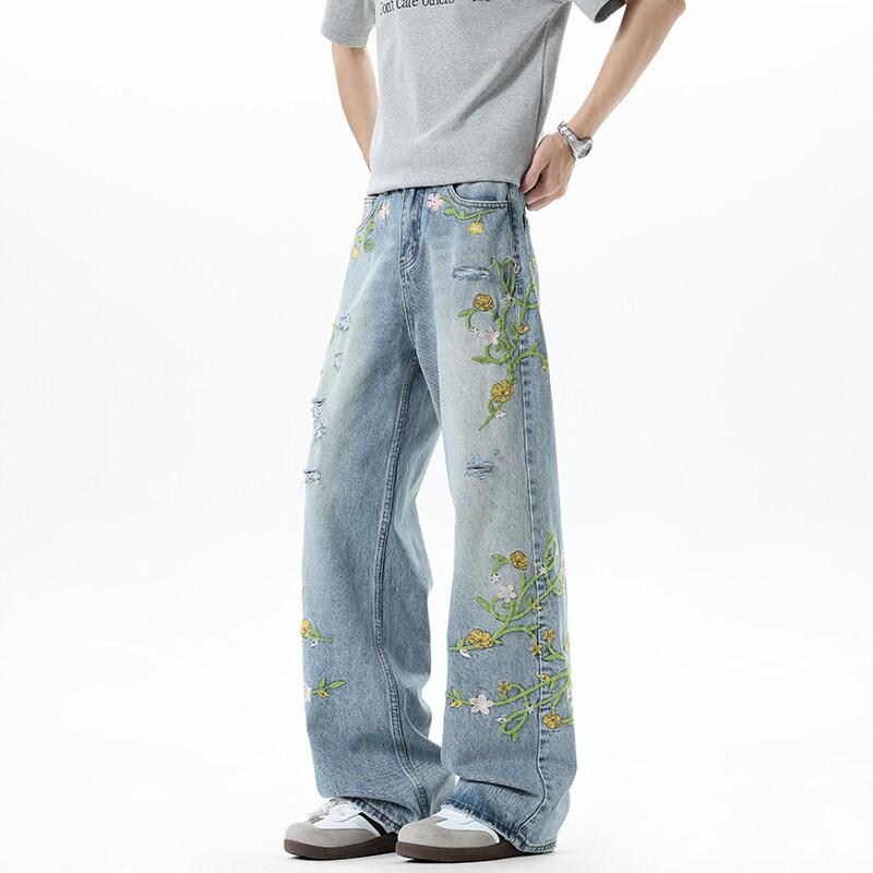 New men's jeans American high street trendy brand embroidered ripped trousers narrow straight mopping trousers