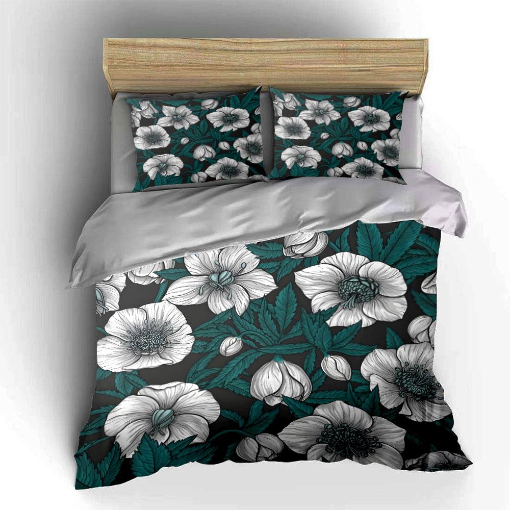 White flowers and green leaves Print Bedding Set 1 Duvet Cover 2 Pillowcases for Adult and Children Luxury Gift Full Size