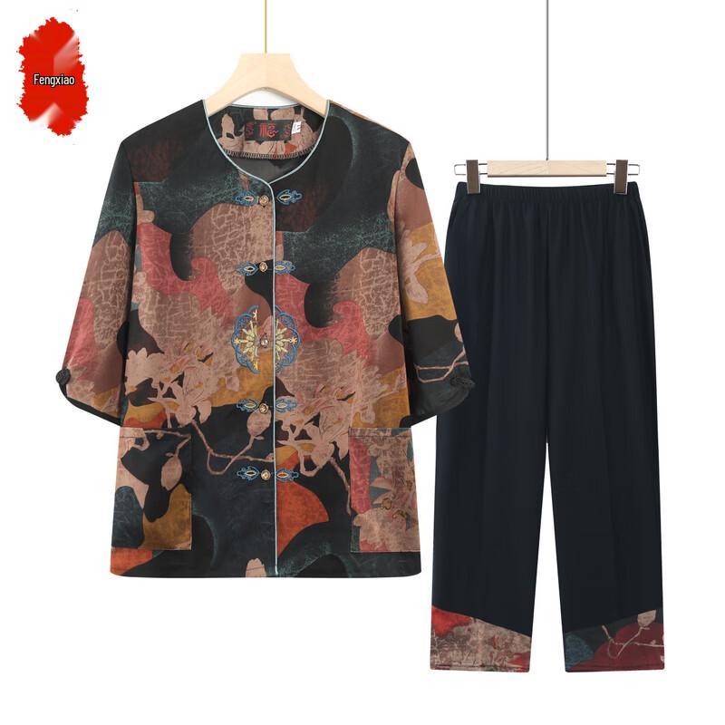 Women s New Chinese Style Abstract Print Two-Piece Set 5XL