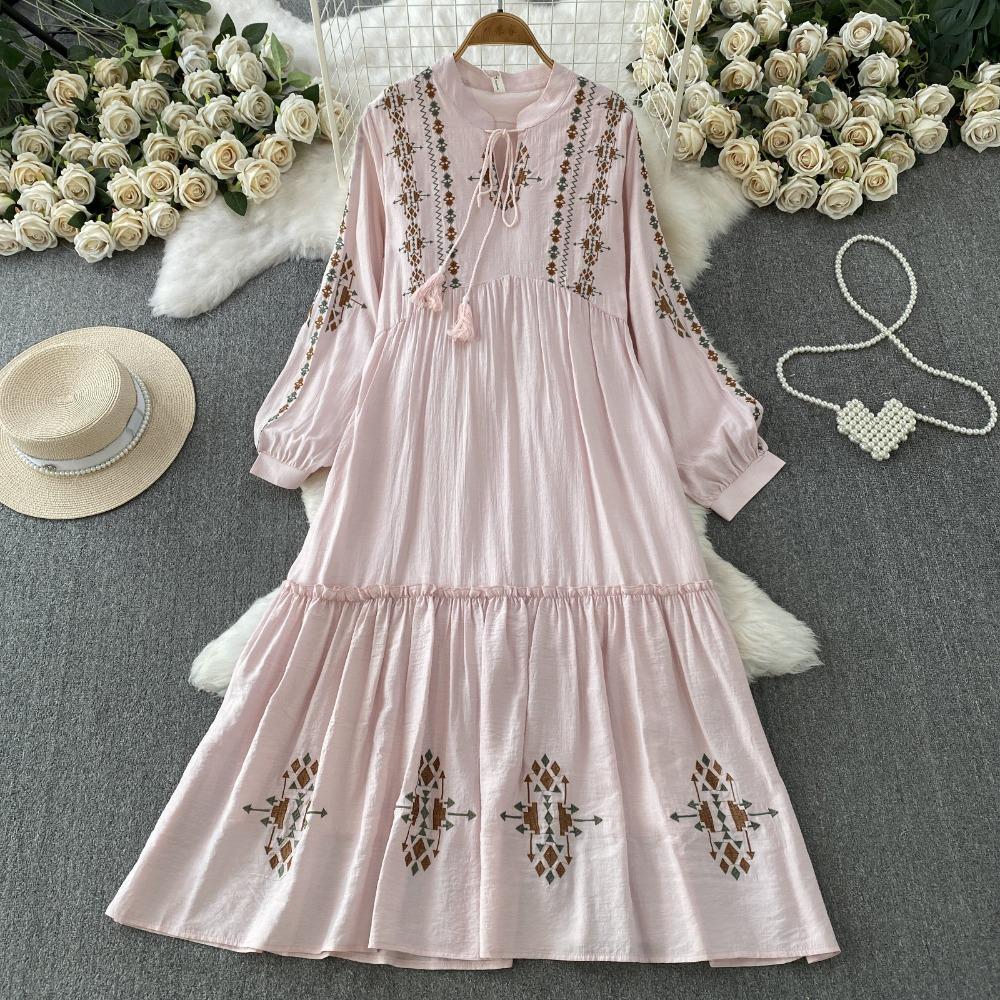 Women's Ethnic Style Embroidered Stand Collar Long Sleeve Maxi Dress for Summer