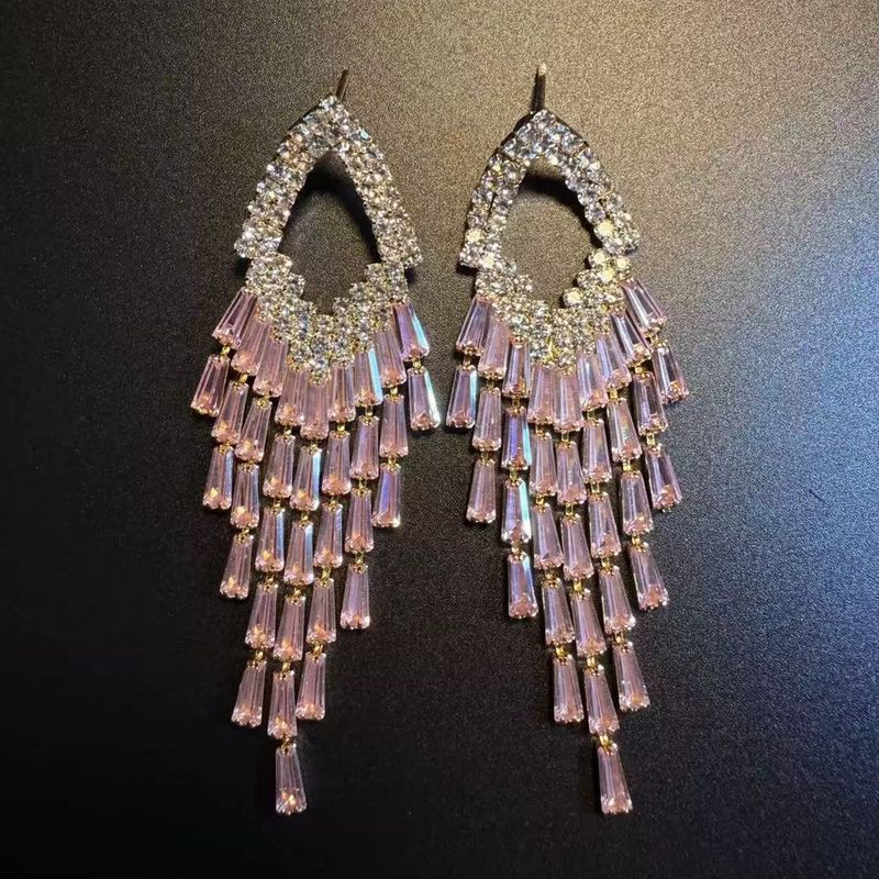 

Pink Rhinestone Tassel Earrings Full of Diamonds, Geometric Rhombus Earrings, High-End Retro Hong Kong Style European and American Fashion Earrings