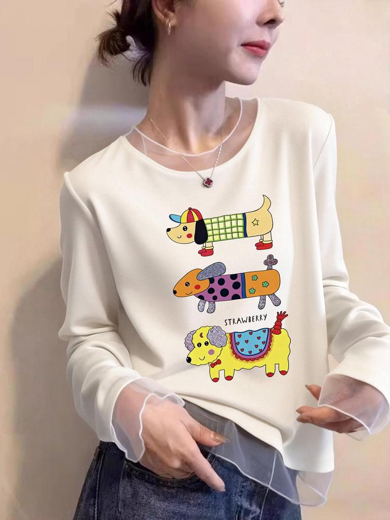 Women's Autumn/Winter Slim Fit Retro Mesh Long Sleeve T-shirt with Puppy Print