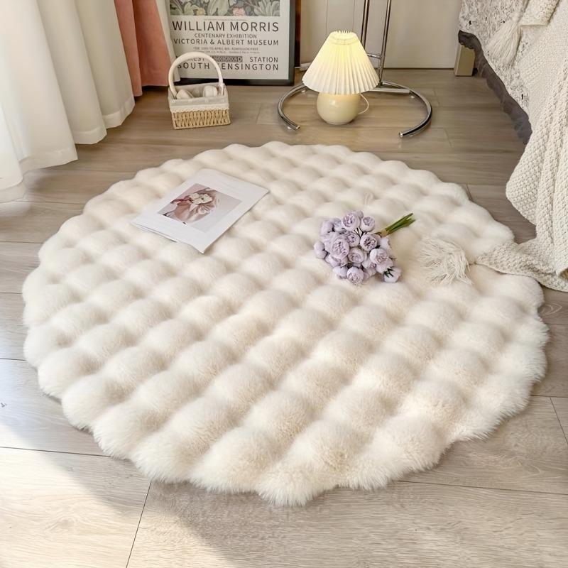 1pcs Creamy Style Polyester Plush Rug Round Solid Color Bubble Fleece Rabbit Fur-Like Window Seat Bedroom Bedside Mat