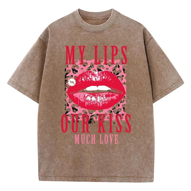 Cotton Womens Acid Wash T-Shirts My Lips Our Kiss Letter Printing Tee Shirts Comfortable Oversized Tops Street Clothes