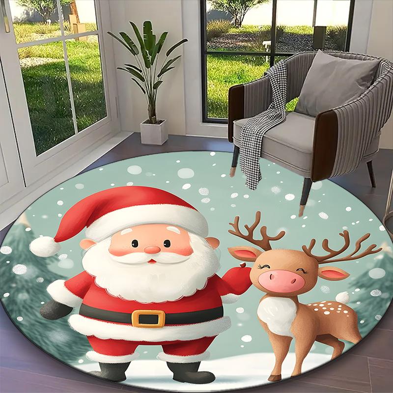 1pc Santa Claus and reindeer Rug, Comfortable Printed Home Round Carpet, Cozy Office Chair Rug