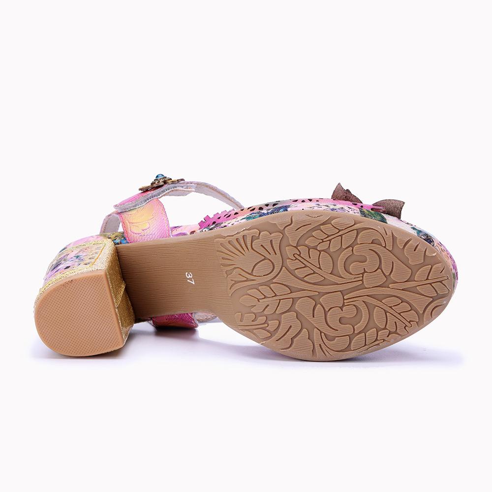 Johnature Genuine Leather Retro Baroque Style Hollow-out Carved Flower High-heeled Sandals