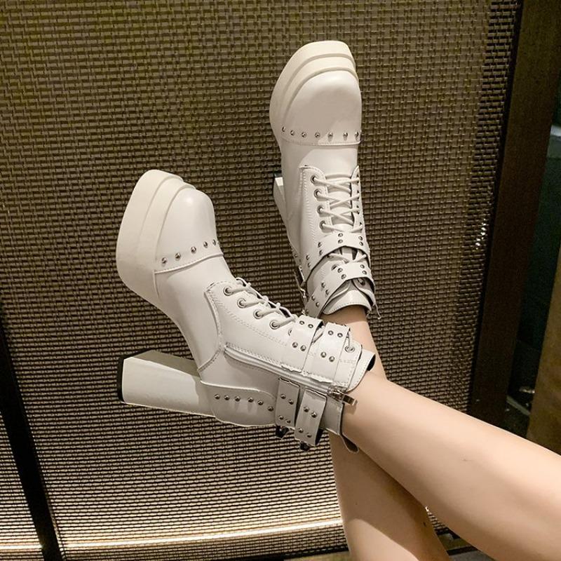 Fashion Riveted Platform Anti-Slip Wear-Resistant Thick Heel Front Lace-Up Side Zipper Anti-Slip Wear-Resistant Shoe