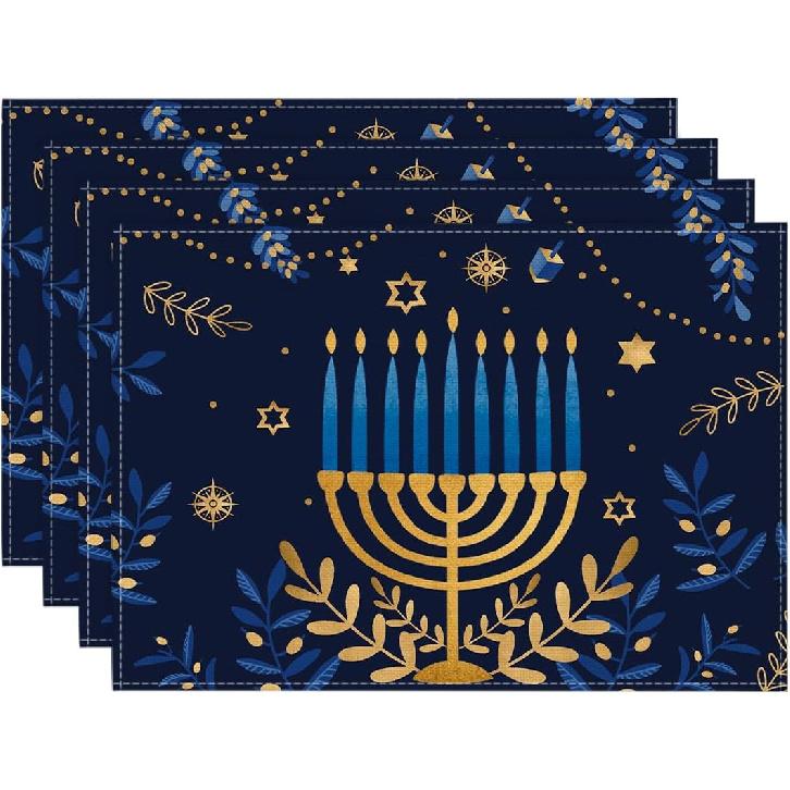 Artoid Mode Menorah Star Olives Hanukkah Placemats Set of 4, 12x18 Inch Chanukah Holiday Table Mats for Party Kitchen Dining Decoration