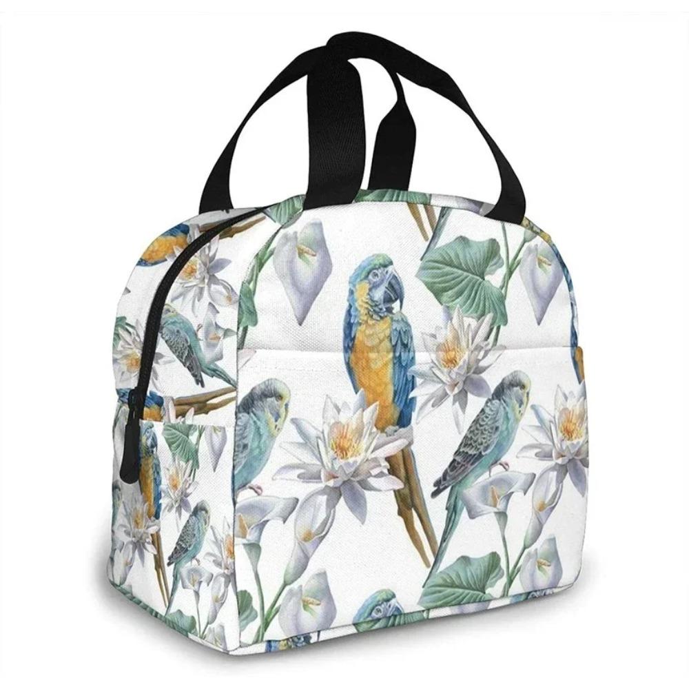 Large Lunch Bag Parrots On Branches Printed Insulated Lunch Box for Women and Men, Portable Lunch Box for Work Picnic Beach