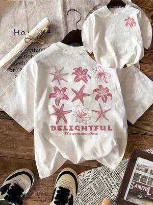 Fleur Étoile de Mer Motif Design Lettre Col Rond Adapté pour le Surf Plage T-shirt Été Printemps Femmes Manches Courtes