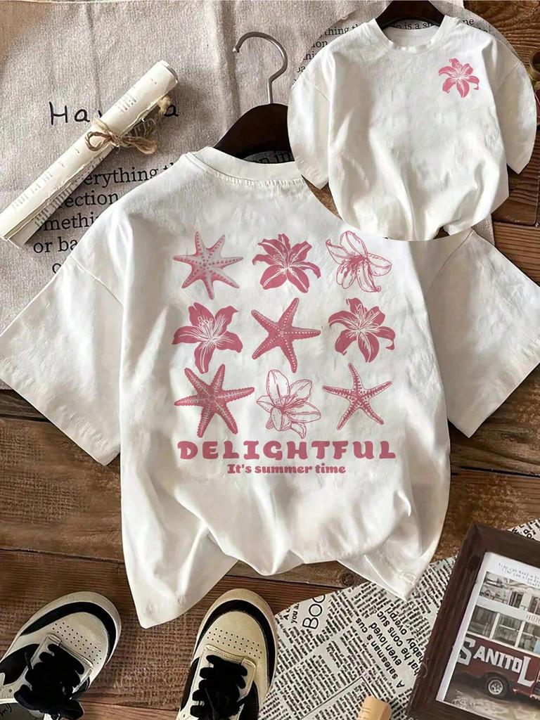 Flower Starfish Letter Design Pattern Round Neck Suitable For Surfing Beach T-shirt Summer Spring Women Short Sleeves