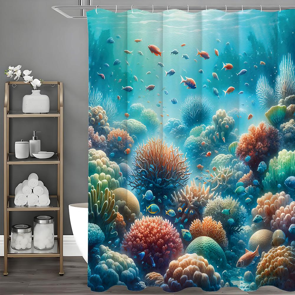Ocean Small Fish Coral Reef Shower Curtain, Bathroom Decorative Shower Curtain, Waterproof Shower Curtain with Hooks