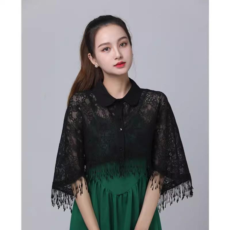 

Элегантная кружевная свадебная шаль с кисточками - Французский минималистичный стиль, Универсальный кардиган, Чеонсам с коротким рукавом, Накидка для защиты от солнца One Size чёрный