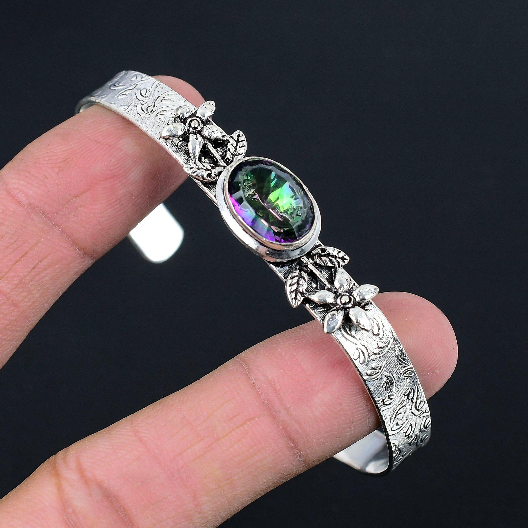 

Halloween Deal Rainbow Mystic Topaz Stone 925 Silver Flower Wife Bangle Bracelet Adjustable