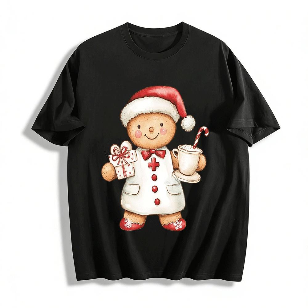 Christmas Nurse Gingerbread Man Print Casual Top Pure cotton T-shirt XXS