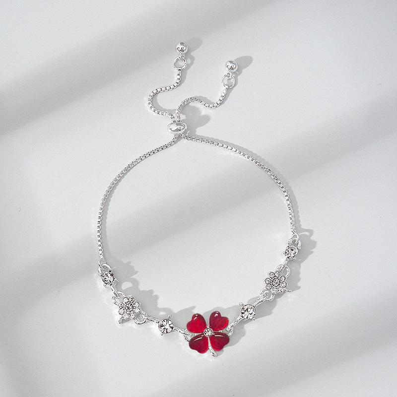Lucky Four-Leaf Clover Adjustable Green Cat's Eye Bracelet for Women (Mori Style)