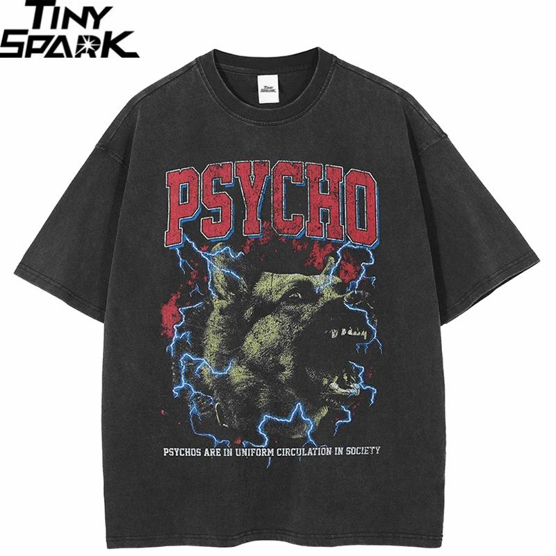 Men Hip Hop Washed TShirt Streetwear Wolf Lightning Printed T Shirt Harajuku Cotton Casual Tshirt Summer Short Sleeve