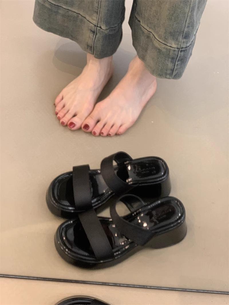 

With skirt fairy style satin word with thick bottom slope heel slippers female summer wear French stunning high heel cool slippers 35 чёрный