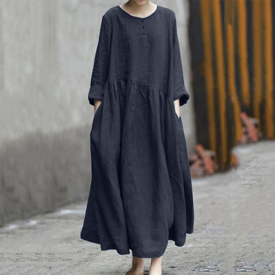 Rochie Maxi Nouă, Culoare Solidă, Bumbac-In, Petice Neregulate, Gât Rotund, Buzunar, Mânecă Lungă